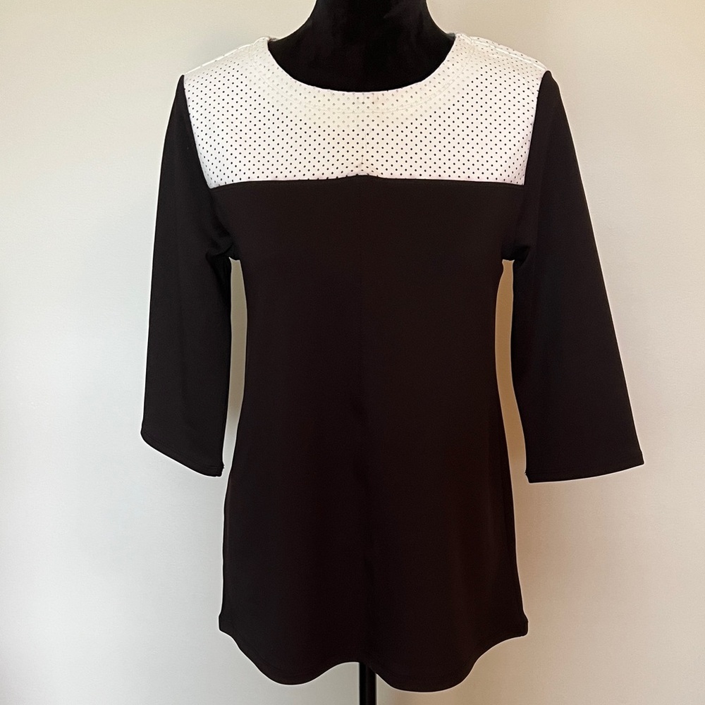 Alfani Black Blouse with White Dotted Texture Yoke Size S NWOT